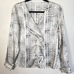 Coldwater Creek Satin Ruffle Shirt Women's M Cream Black Print Classic Career